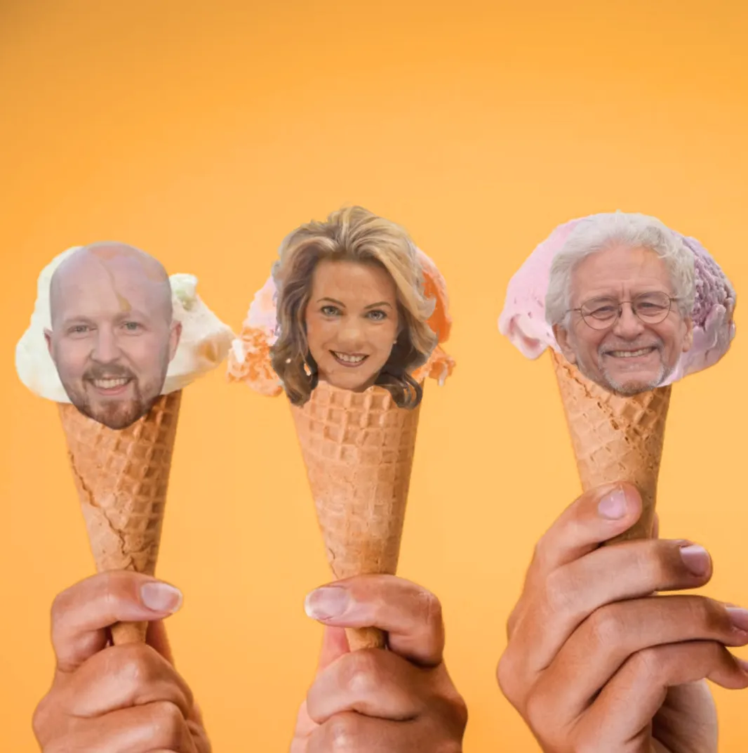 The heads of JKT, Bernadette Wilson, and Tom Begich on ice cream cones.