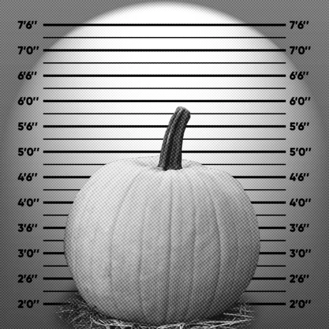 A black and white mugshot of a pumpkin.