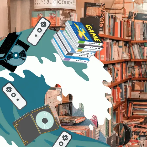 Photo of the inside of a bookstore with a cartoon wave, games, CDs, and Wii remotes in the foreground.