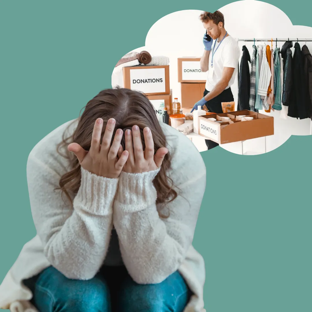 A woman with her head in her hands picturing a man sorting through donations.