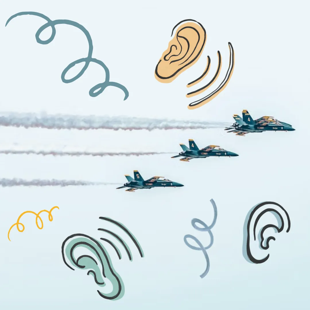 The Blue Angels flying amidst cartoon images of ears and swirls.