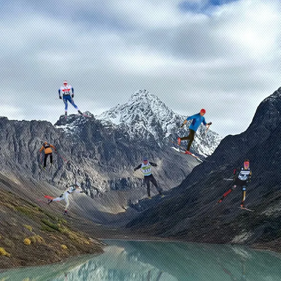 Cutouts of Nordic skiers pasted on a background of a mountain with fresh snow.