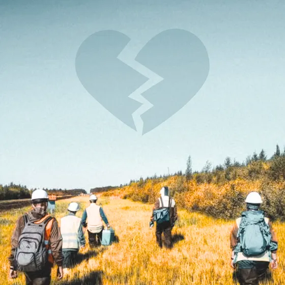 People with hard hats and backpacks walking in a field, with a cartoon broken heart in the air.