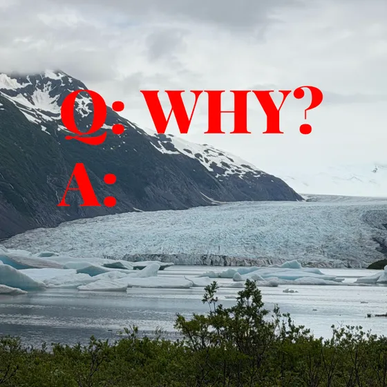 Spencer Glacier in Alaska with text asking the question "why", the answer being the pictured glacier.
