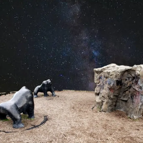 Two gorilla statues staring at a boulder with an outer space background.