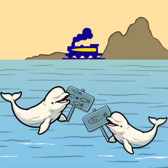 Cartoon beluga whales holding protest signs with fish on them and a train in the background.