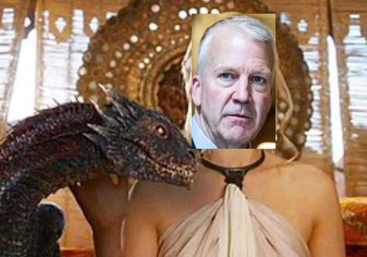 Daenerys Targaryen standing next to baby dragon with Dan Sullivan's face cropped on.