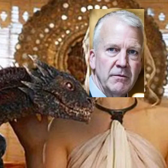 Daenerys Targaryen standing next to baby dragon with Dan Sullivan's face cropped on.